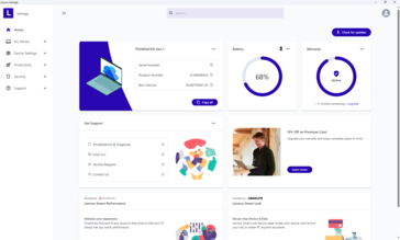 Schermata iniziale di Lenovo Vantage
