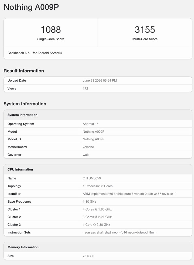 Scheda su Geekbench del previsto Nothing Phone (4b).