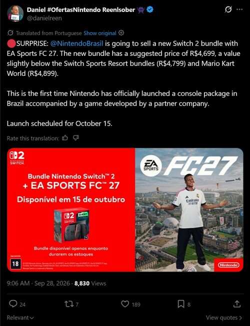 Mostrato l'annuncio del bundle per console Switch 2 con EA Sports FC 27