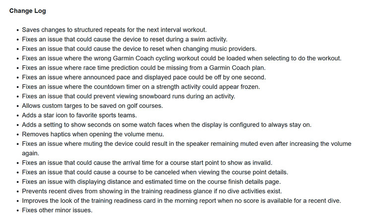 Il registro delle modifiche per l'aggiornamento alla versione beta 16.14 per gli smartwatch Garmin Forerunner 570 e Forerunner 970. (Fonte immagine: screenshot del forum Garmin)