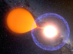 Un&#039;impressione d&#039;artista che mostra una nova che succhia materia dalla sua stella ospite. (Fonte: K. Ulaczyk, Osservatorio dell&#039;Università di Varsavia)