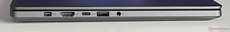 A sinistra: alimentazione, HDMI 2.1, USB-C 4.0 (40 GBit/s, DisplayPort 1.4, Power Delivery), USB-A 3.2 Gen 2 (10 GBit/s), audio 3,5 mm