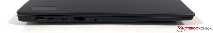 Lato sinistro: Alimentazione (SlimTip), 2x USB-C con Thunderbolt 4 (USB 4, 40 Gbps, modalità DisplayPort-ALT 1.4a, Power Delivery 3.0), HDMI 2.0, 3.5 mm stereo