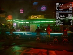 Cyberpunk 2077 in esecuzione su macOS 26 Tahoe con interpolazione dei fotogrammi MetalFX abilitata su un MacBook Pro M1 Max. (Fonte immagine: Blendlogic Tech su YouTube)