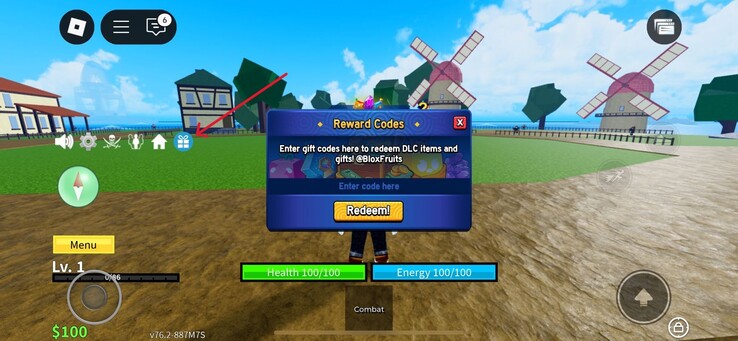 Clicchi sull'icona del regalo come mostrato nell'immagine qui (Fonte immagine: Roblox)