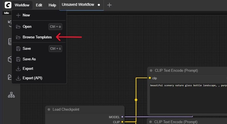 Una schermata del menu Flusso di lavoro in ComfyUI con l'evidenziazione di Sfogliare i modelli. (Fonte immagine: Cattura schermo di Windows)