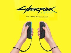 Cyberpunk 2077: Logo Ultimate Edition sopra i Joy-Con di Switch 2 (Fonte immagine: Nintendo of America con modifiche)