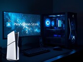 La PS5 viene mostrata accanto a un PC da gioco e a un monitor con il logo del PlayStation Store (Fonte immagine: Sony PlayStation con modifiche)