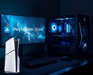 La PS5 viene mostrata accanto a un PC da gioco e a un monitor con il logo del PlayStation Store (Fonte immagine: Sony PlayStation con modifiche)