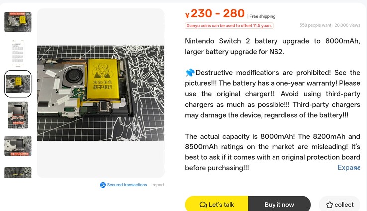 L’inserzione su Xianyu relativa a una batteria potenziata da 8.000 mAh per Nintendo Switch 2
