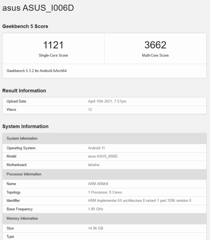 ASUS ZenFone 8 Mini variante 16GB RAM (immagine via Geekbench)