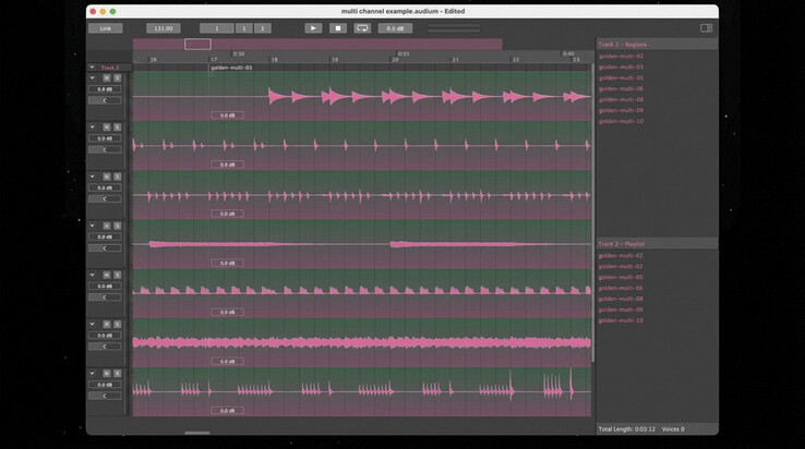 Audionaut supporta l’editing audio multitraccia, con più regioni audio mostrate qui nella timeline dell’applicazione.