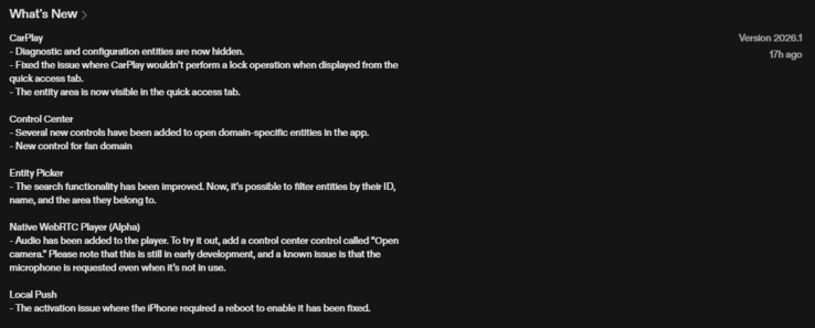 Il registro delle modifiche per la versione 2026.1 dell'applicazione Home Assistant per iOS. (Fonte immagine: screenshot di Apple App Store)