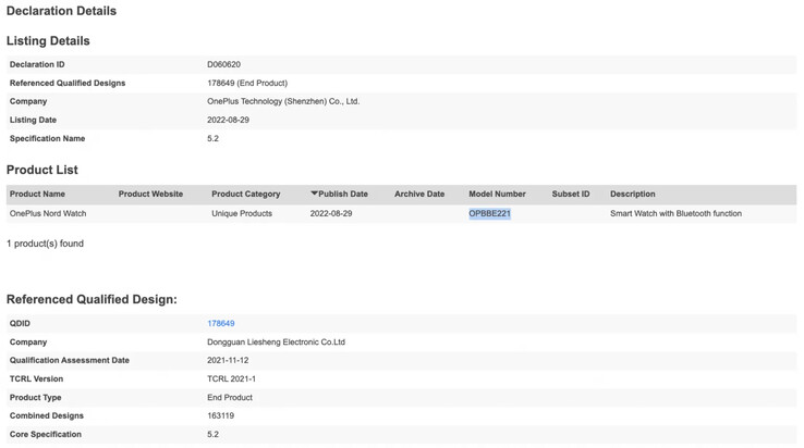La nuova registrazione del OnePlus Nord Watch. (Fonte: Bluetooth SIG)