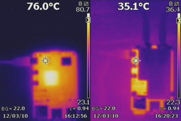 Temperatura del PCB con e senza il raffreddatore a liquido (Fonte: Seeed Studio)