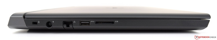 A sinistra: Noble Lock, alimentatore, Gigabit Ethernet, USB 3.1, lettore di schede SD