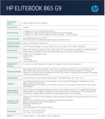 Specifiche HP Elitebook 865 G9. (Fonte immagine: HP)