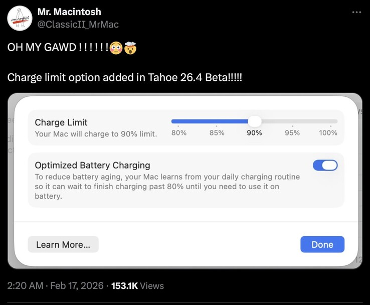 macOS 26.4 Tahoe sembra aver aggiunto il supporto per i limiti di carica.