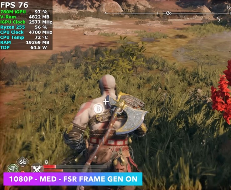 God of War Ragnarök in esecuzione a 1080p medio con FSR Frame Generation su Minisforum X1 Lite con iGPU Radeon 780M (Fonte immagine: ETA Prime via YouTube)