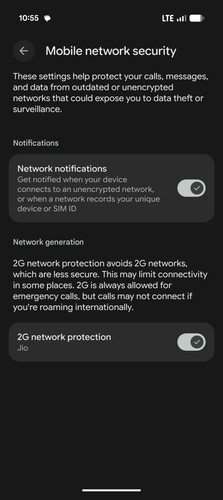 Opzioni di sicurezza della rete mobile