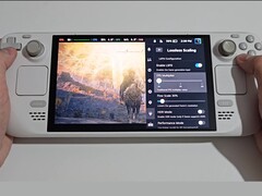 Una vista frontale dello Steam Deck con Elden Ring in funzione sul lato sinistro dello schermo e le impostazioni del plug-in Lossless Scaling visibili sulla destra, compresi i toggle FPS Multiplier, Flow Scale e Performance Mode. (Fonte immagine: Deck Wizard/YouTube)