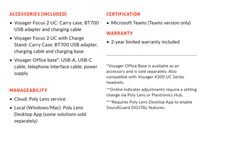 Poly Voyager Focus 2 - Specifiche - continua (Fonte: Poly)