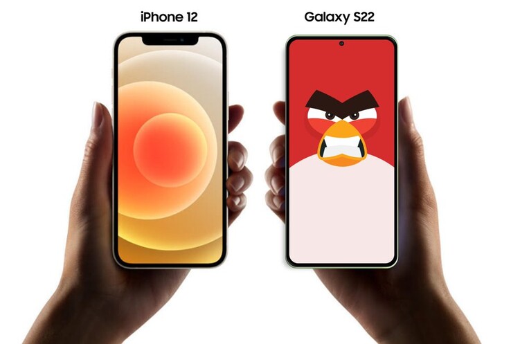 Un rendering del pannello frontale di "Galaxy S22" con un iPhone 12 per confronto. (Fonte: Ice Universe via Twitter)