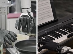 Genesis AI mostra mani robotiche che eseguono compiti di motricità fine come rompere uova, affettare pomodori, collegare cavi e suonare il pianoforte.