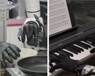 Genesis AI mostra mani robotiche che eseguono compiti di motricità fine come rompere uova, affettare pomodori, collegare cavi e suonare il pianoforte.