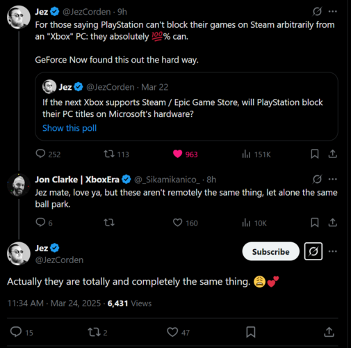 Il post di Jez Corden X sul blocco delle porte per PC da parte di Sony (fonte immagine: screenshot, account Jez Corden X)