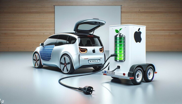Un rendering AI di un'auto Apple con sistema di batterie fuori bordo. (Immagine: Dall-E 3)