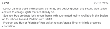 Il registro delle modifiche per l'applicazione Philips Hue versione 5.27.0. (Fonte: Philips Hue)