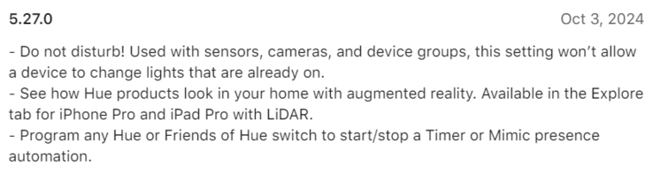 Il registro delle modifiche per l'applicazione Philips Hue versione 5.27.0. (Fonte: Philips Hue)