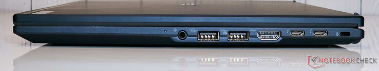 A destra: jack audio combo da 3,5 mm, 2x USB 3.2 Gen2 Type-A, uscita HDMI 2.1, 2x Thunderbolt 4 (con DisplayPort e Power Delivery), slot Kensington Nano