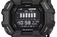 Orologio Casio G-Shock Mudman GDG-B100 con display digitale rosso e bianco sullo sfondo di un aspro paesaggio montano.