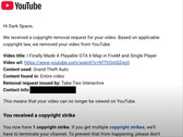 Dark Space ha condiviso su YouTube che il suo video sulla mappa mod di GTA 6 è stato eliminato da una richiesta di copyright da parte di Take-Two Interactive. (Fonte: Dark Space via YouTube)