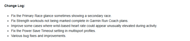 Il registro delle modifiche per la versione Public Beta 25.02 per gli smartwatch Garmin Forerunner più vecchi. (Fonte: Garmin)