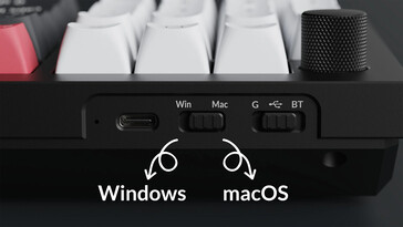 Selezione del sistema operativo e interruttori della modalità wireless di Keychron Q12 HE.