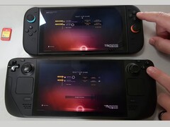 Nintendo Switch 2 (in alto) e Steam Deck OLED (in basso) che eseguono No Man's Sky fianco a fianco. L'immagine evidenzia la differenza di tempo di caricamento osservata durante i test. (Fonte: The Phawx su YouTube)