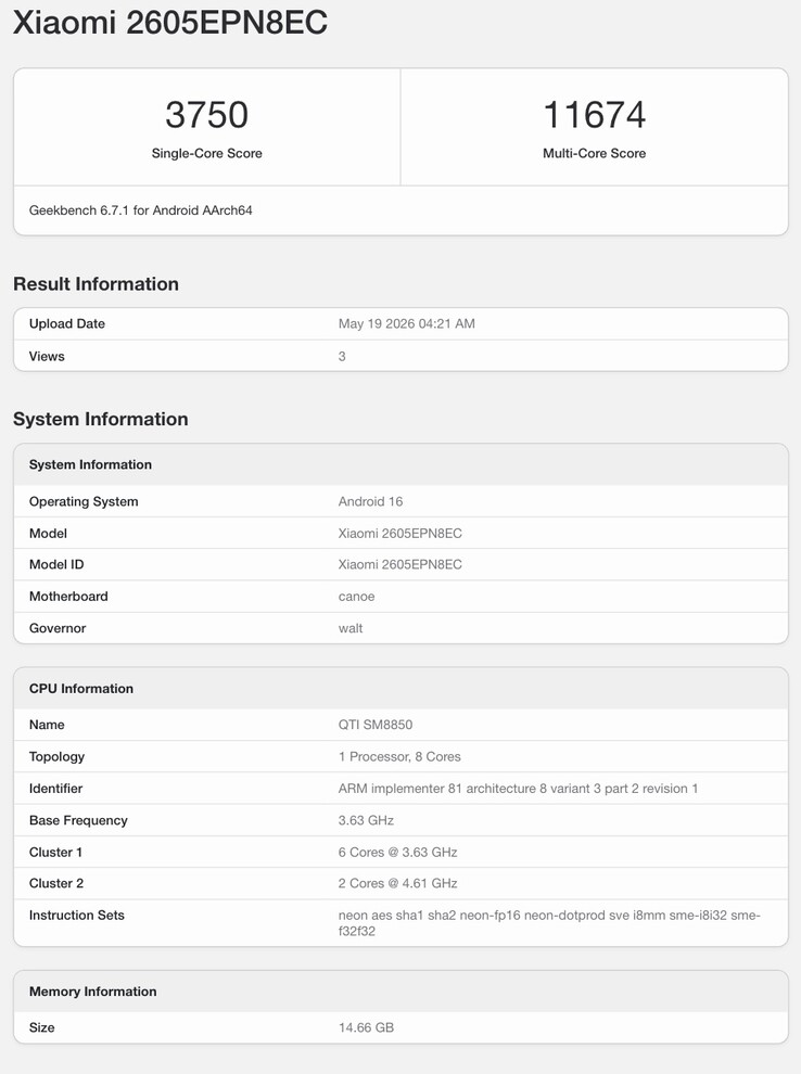 Elenco Geekbench del presunto Xiaomi 17 Max.