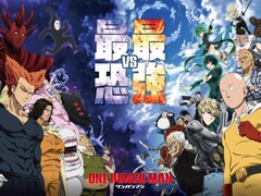 Poster promozionale dell&#039;anime One Punch Man, con Saitama, Genos e altri eroi sul lato destro che affrontano potenti cattivi e mostri sul lato sinistro, con uno sfondo drammatico nel cielo. (Fonte: One Punch Man)
