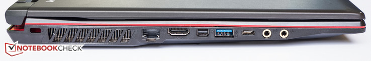 A sinistra: Kensington Lock, Gigabit Ethernet, USB3.1 Gen1, HDMI, mini-DisplayPort, USB3.1 Gen1, USB Type-C Gen2, Microfono, Cuffie