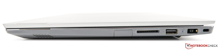 Lato detro: USB 2.0 Type-A (nascosto dietro un flap), lettore schede 4-in-1, USB 3.1 Gen 1 Type-A, alimentazione, slot Kensington lock