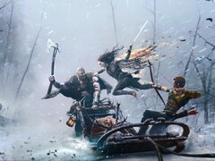 Rendering artistico di Kratos e Atreus che combattono contro Freya in God of War Ragnarok.