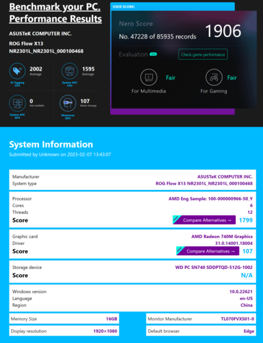 AMD Ryzen 5 7540U con Radeon 740M in Asus ROG Flow X13. (Fonte: Nero)
