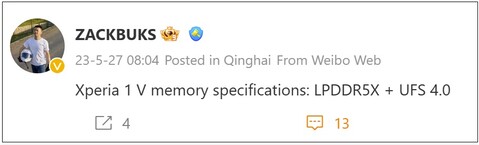 Xperia 1 V RAM + tipi di memoria. (Fonte immagine: Weibo)