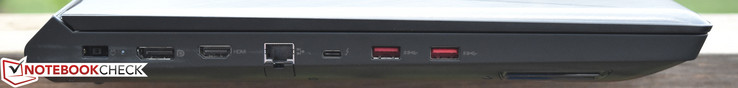 Lato Sinistro: porta ricarica, DisplayPort, HDMI, Gigabit Ethernet, Thunderbolt 3, USB 3.0 x 2