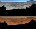 Immagine scattata dal rover Perseverance. L'immagine superiore è migliorata, mentre l'immagine inferiore ha i colori originali (Fonte immagine: NASA, JPL-Caltech, ASU e MSSS; modifica)
