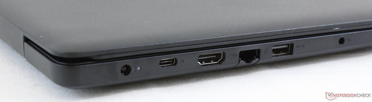 Lato sinistro: adattatore AC, USB 3.1 Type-C con DisplayPort, HDMI 1.4, RJ-45, USB 3.0, audio combinato da 3,5 mm.