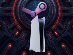 La console PS5 mostrata su uno sfondo Steam